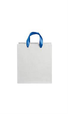 Medium White on Kraft Premium Folded Top Paper Bags Royal Blue Ribbon Handles