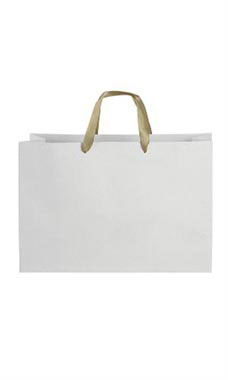 Large White on Kraft Premium Folded Top Paper Bags Gold Ribbon Handles