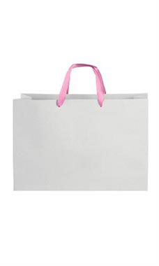 Large White on Kraft Premium Folded Top Paper Bags Light Pink Ribbon Handles