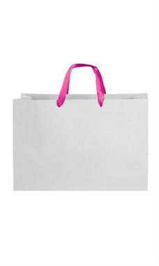 Large White on Kraft Premium Folded Top Paper Bags Hot Pink Ribbon Handles