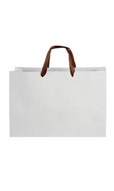 Large White on Kraft Premium Folded Top Paper Bags Brown Ribbon Handles