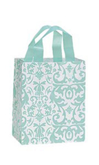 Medium Aqua Damask Frosted Shopping Bags - Case of 100
