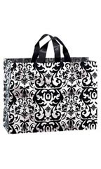 Large Black Damask Frosted Plastic Shopping Bags - Case of 100